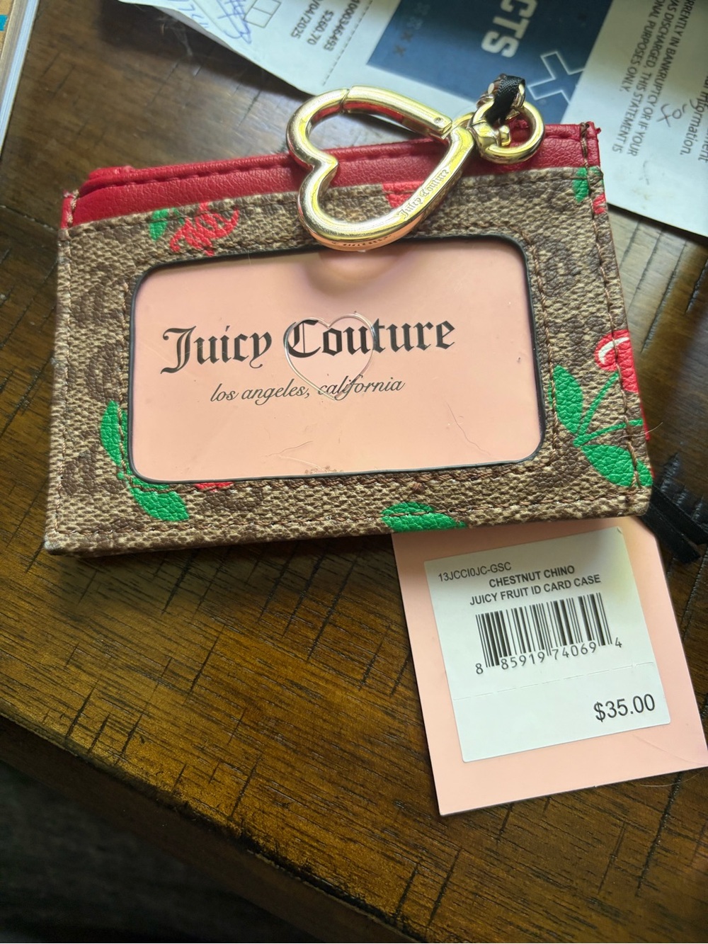 Juicy Couture Chestnut Card Case with Red Trim and Green Fruit Print